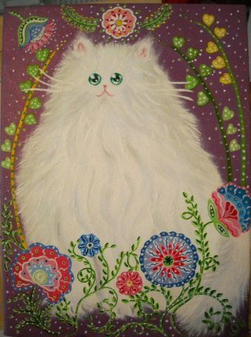 Peinture à l'huile et acrylique Chat blanc aux fleurs sur toile